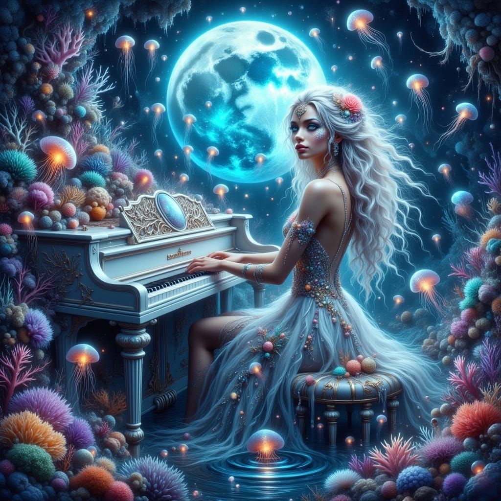 Underwater Fairy Playing Piano in Bioluminescent Reef