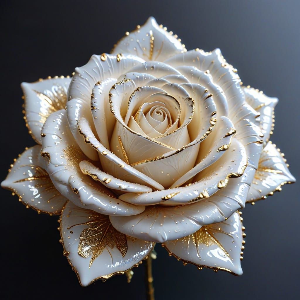 Ceramic Rose with Gold Veins and Dewdrops