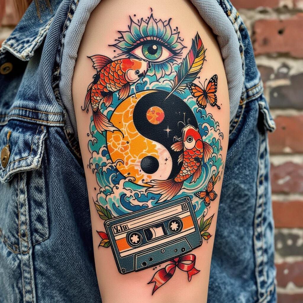 Watercolor Tattoo Sleeve with 90s Motifs