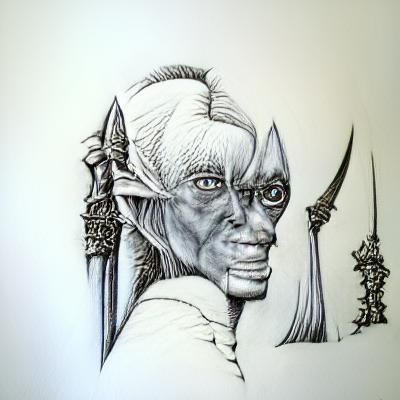 Dark Elf Portrait in Pen and Ink Sketch Style