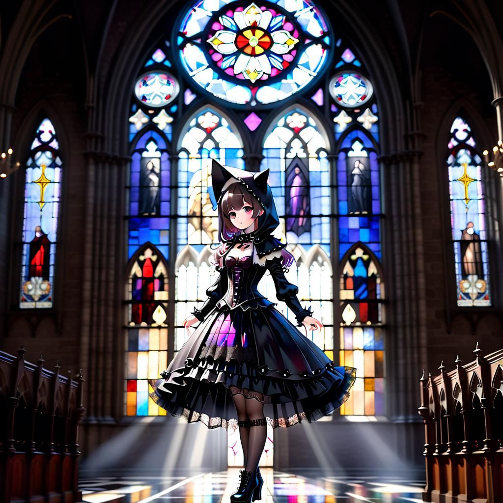 Gothic Lolita Neko Musume in Anime Watercolor Style