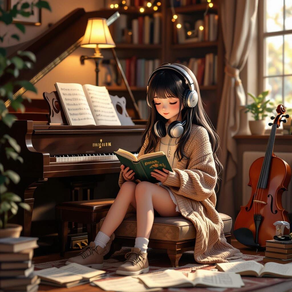 Cozy Anime Music Room with Reading Girl