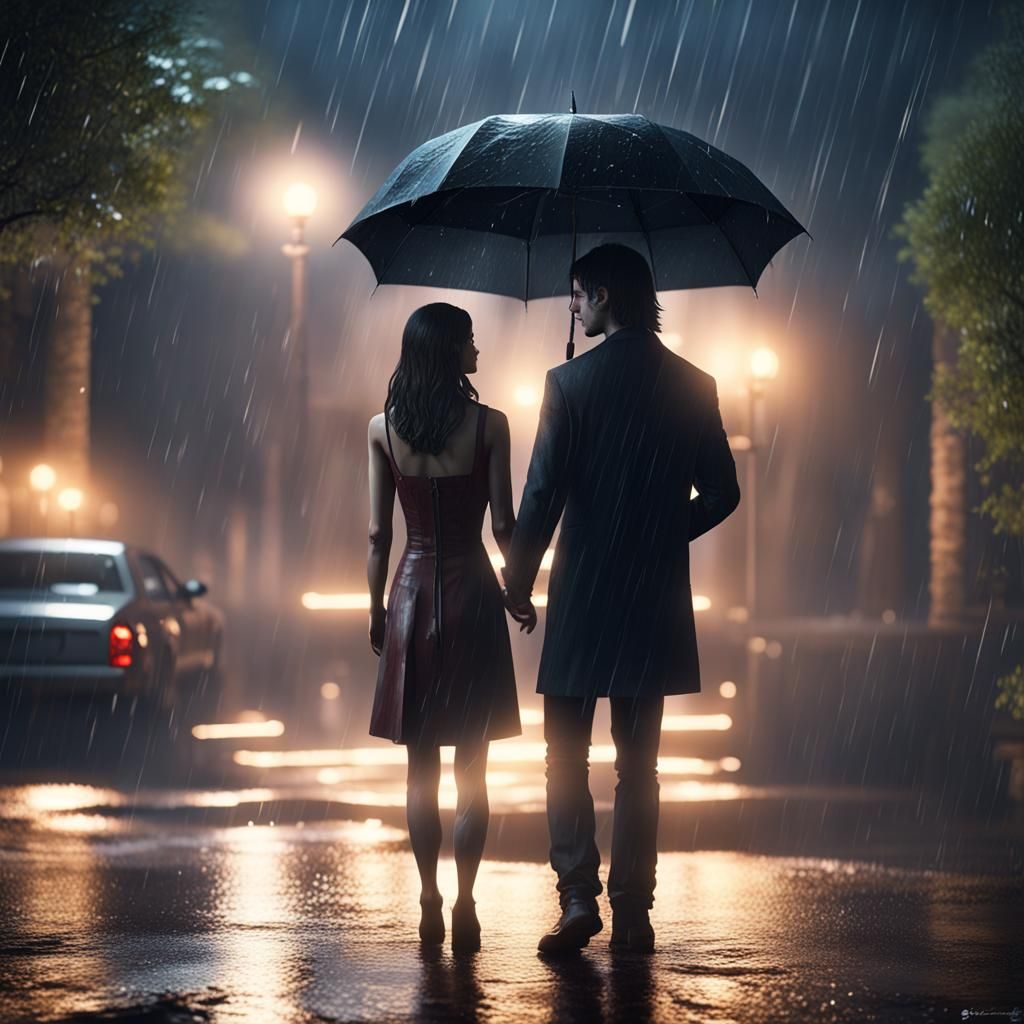 Elena and Damon in Rainy Night: 3D Game Cinematic