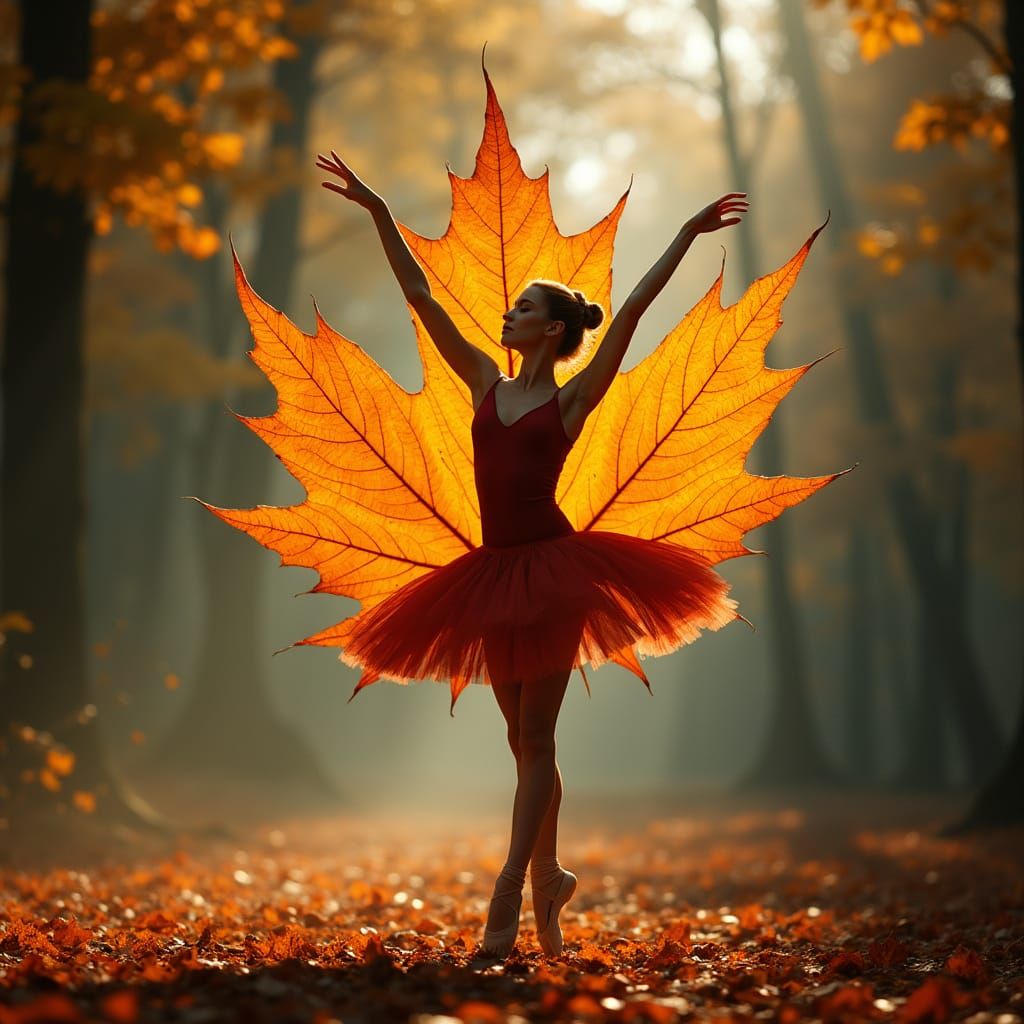 Ballerina Dances Inside Vibrant Autumn Maple Leaf