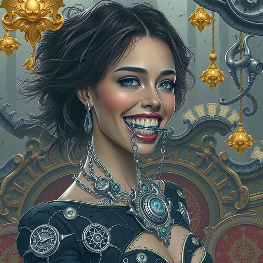 Woman Bound by Elegant, Ornate Fantasy Gag in Vivid Colors
