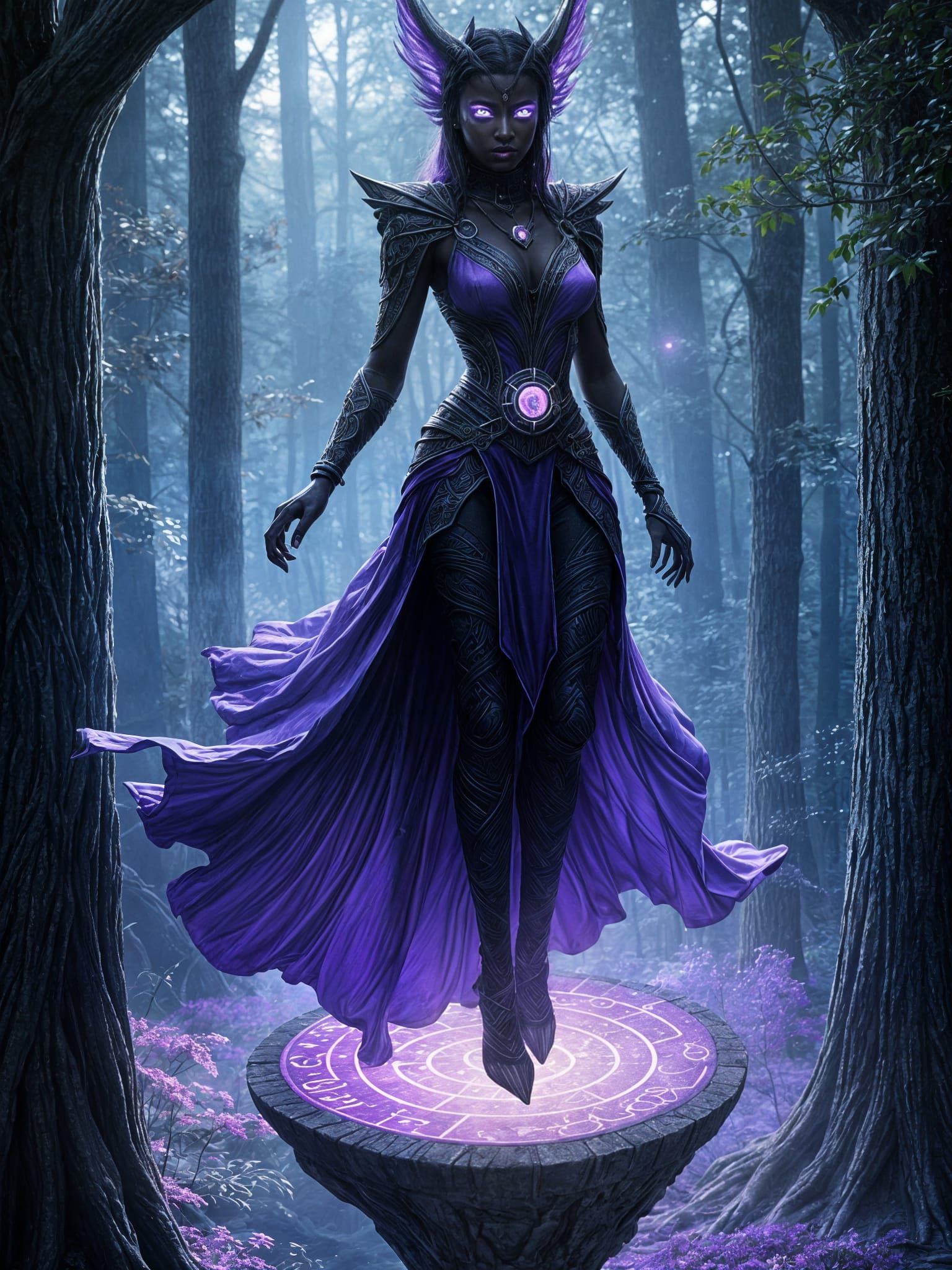 Ebony Sorceress in Enchanted Forest Glows with Magical Power
