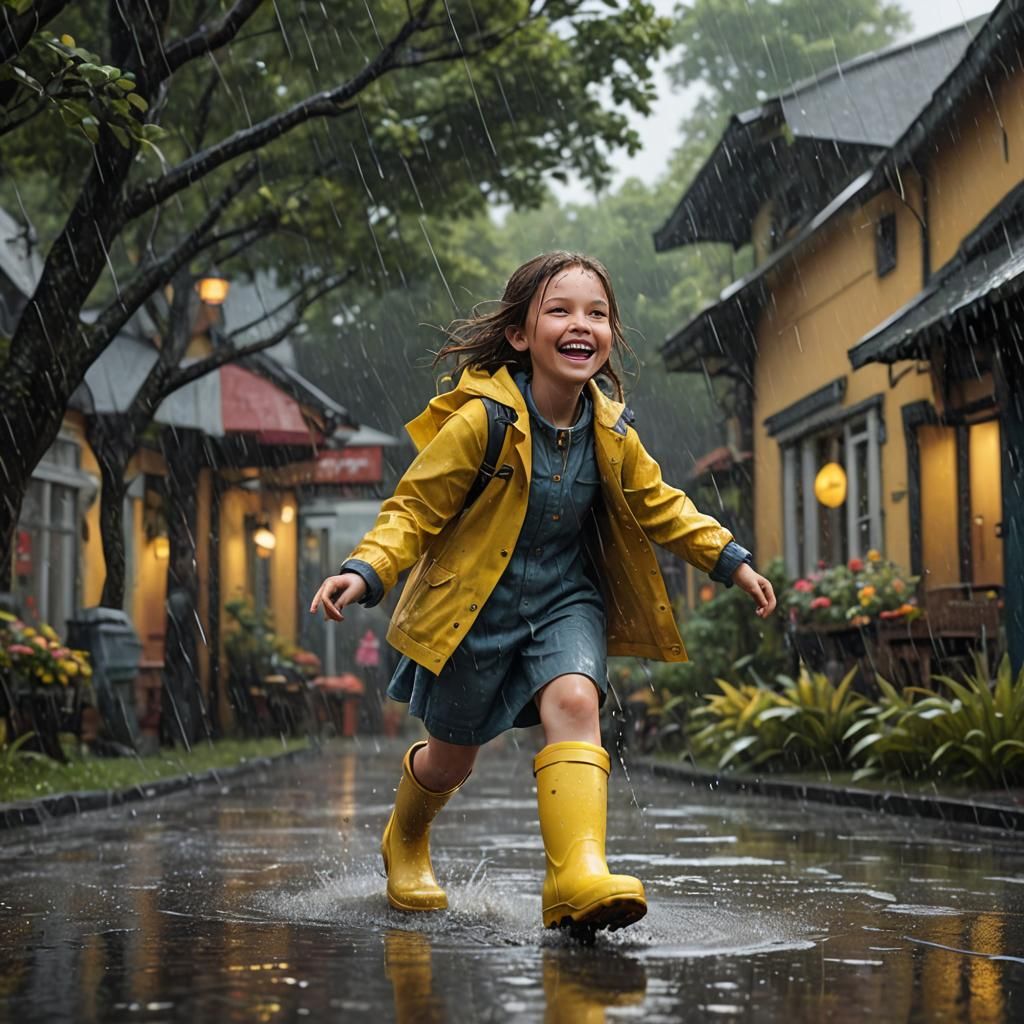 Girl in Yellow Boots Playing in Rain: Matte Painting