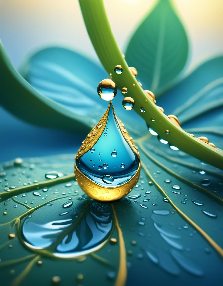 Glossy Blue Water Droplet on Leaf: Surreal Digital Art