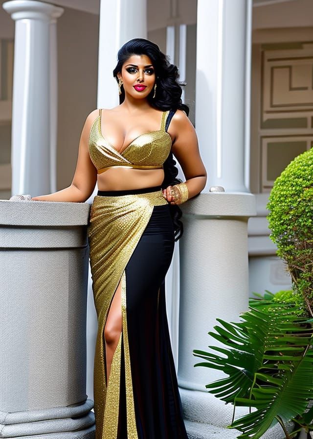 Curvy Woman in Saree on Balcony: Digital Art