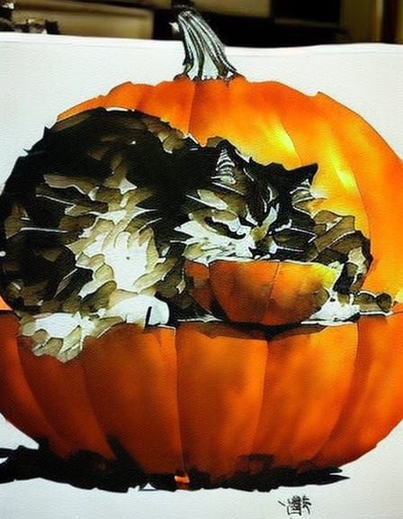 Cat Nap on Pumpkin in Ink Art Style