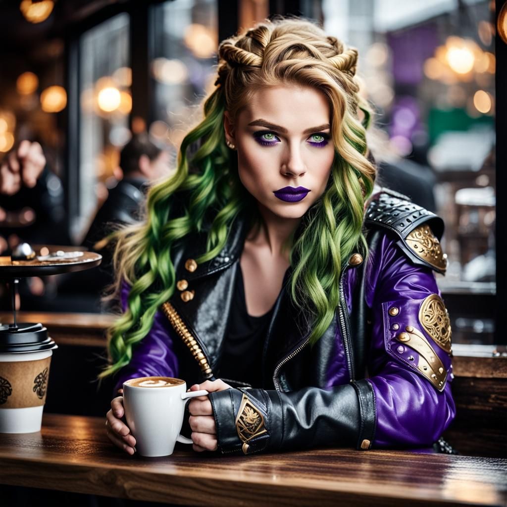Viking Valkyrie with Purple Hair in Cafe