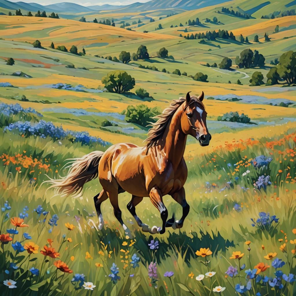Horse Galloping Through Meadow in Vibrant Oil Painting
