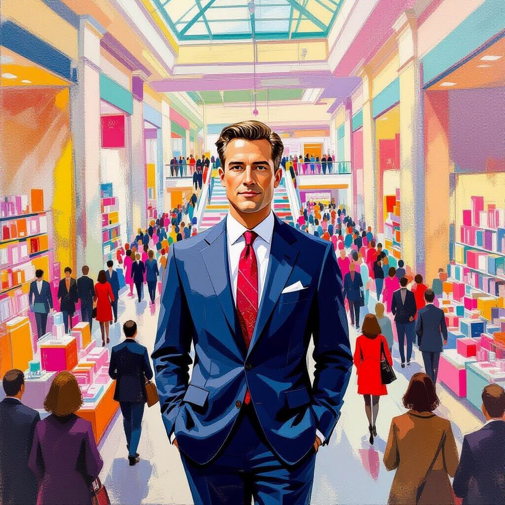 Businessman in New York Department Store as Gouache Painting