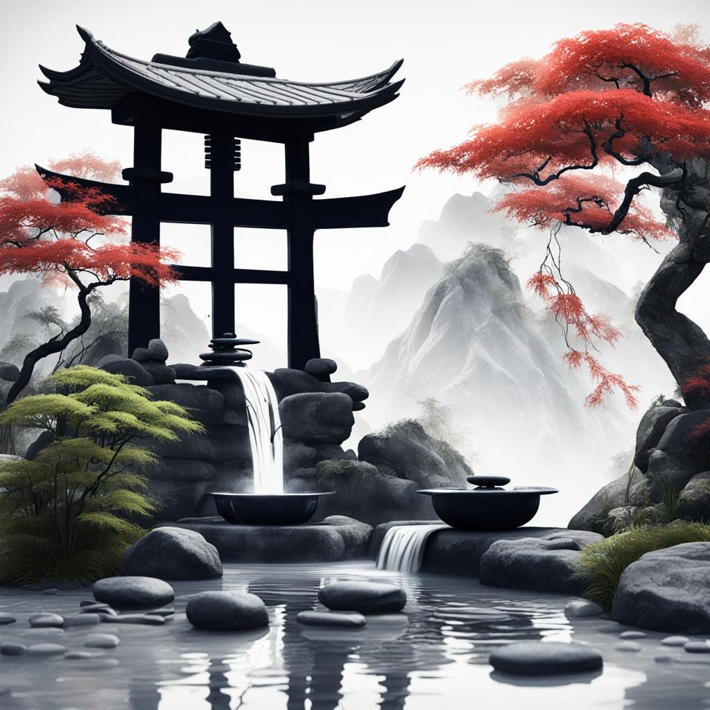 Zen Garden with Kanji in Detailed Digital Painting