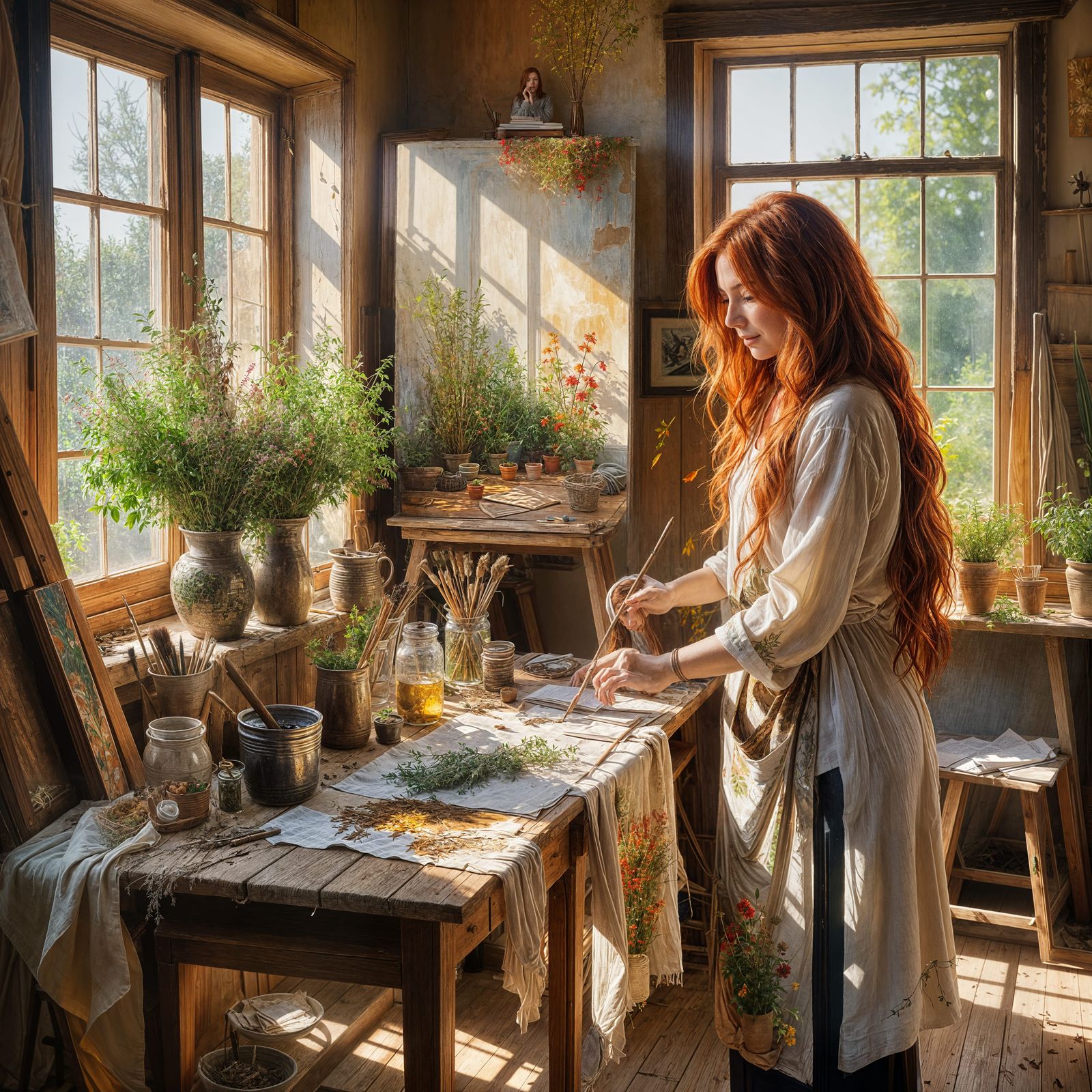 Painterly Studio Scene with Woman and Herb Garden