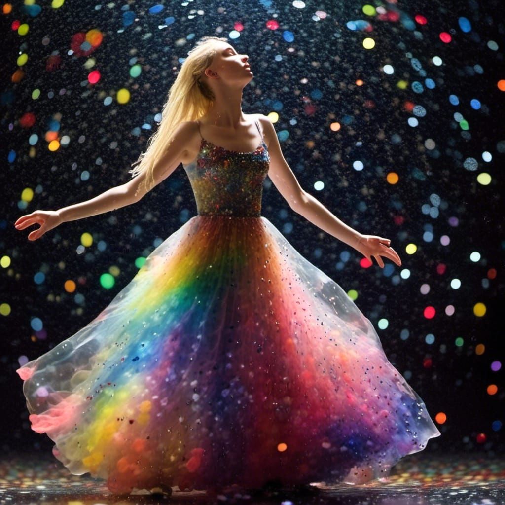 Girl Dancing in Rain with Rainbow Gown