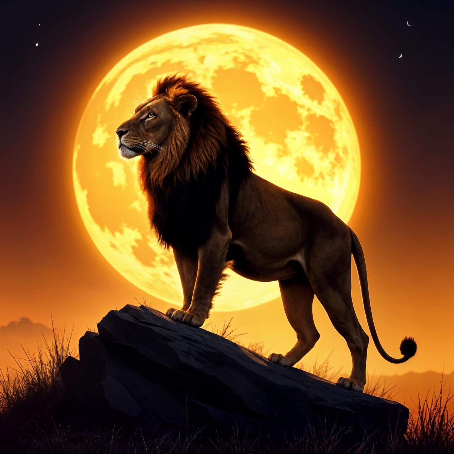 Regal Lion Silhouette Under Golden Moonlight