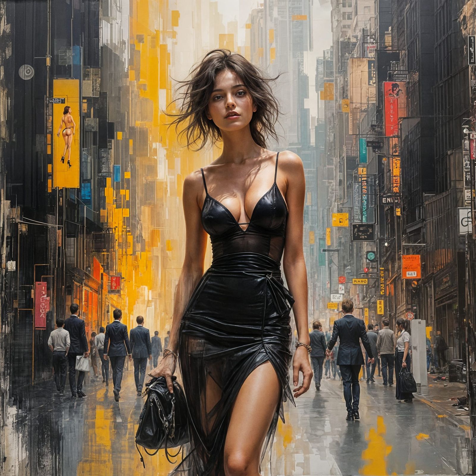 Woman in Dynamic Cityscape, Mixed Media Art
