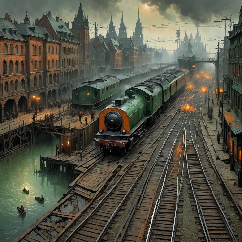 Train in Harbor District with Passengers, Horror Style