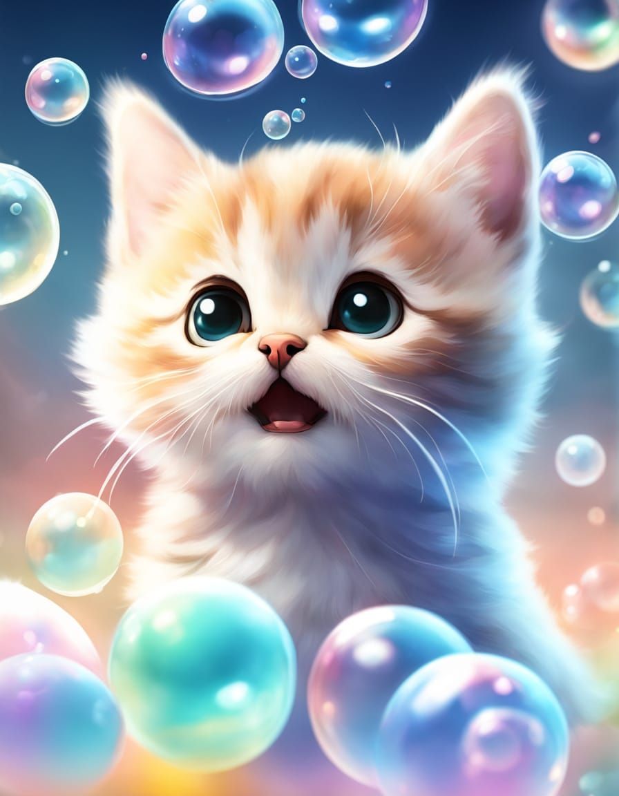 Chibi Kitten Plays with Bubbles: Digital Art