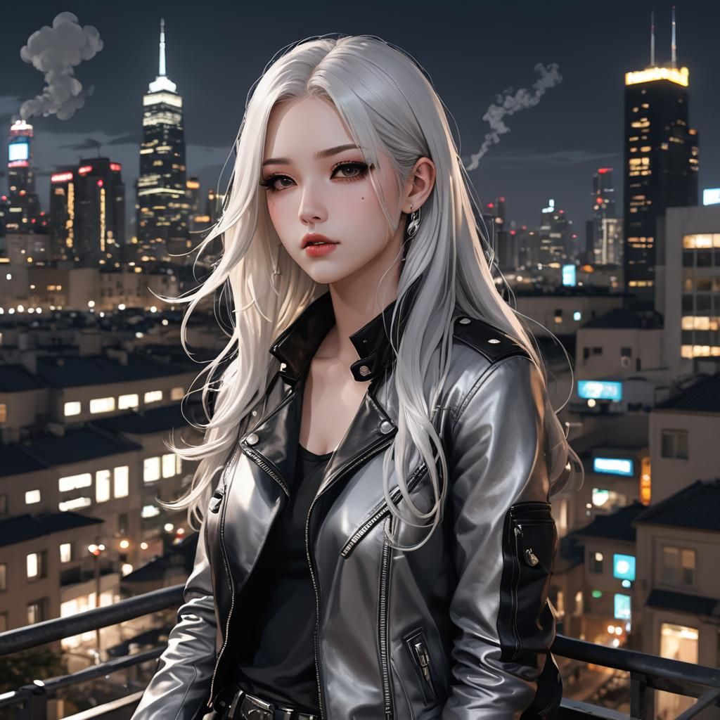 Edgy Anime Girl Smoking in Cyberpunk Cityscape