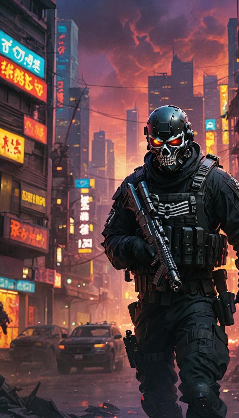 Soldier with Skull Mask in Neon Cityscape
