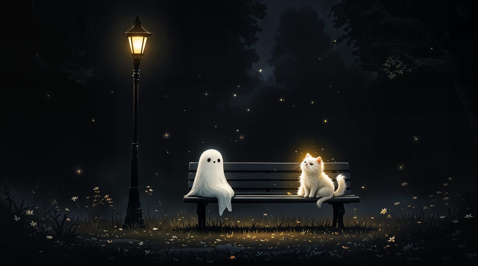 Whimsical Ghost and Cat Share a Magical Moment
