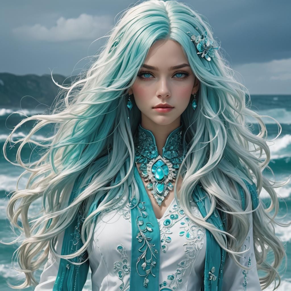 Cyan and Turquoise Anime Character in 3D Style