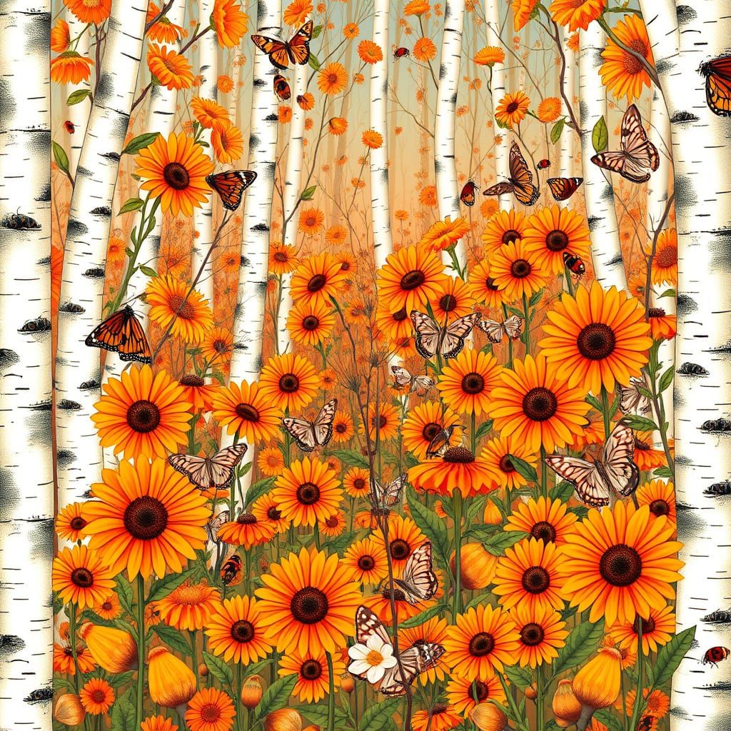Autumn Birch Forest with Sunflowers and Butterflies