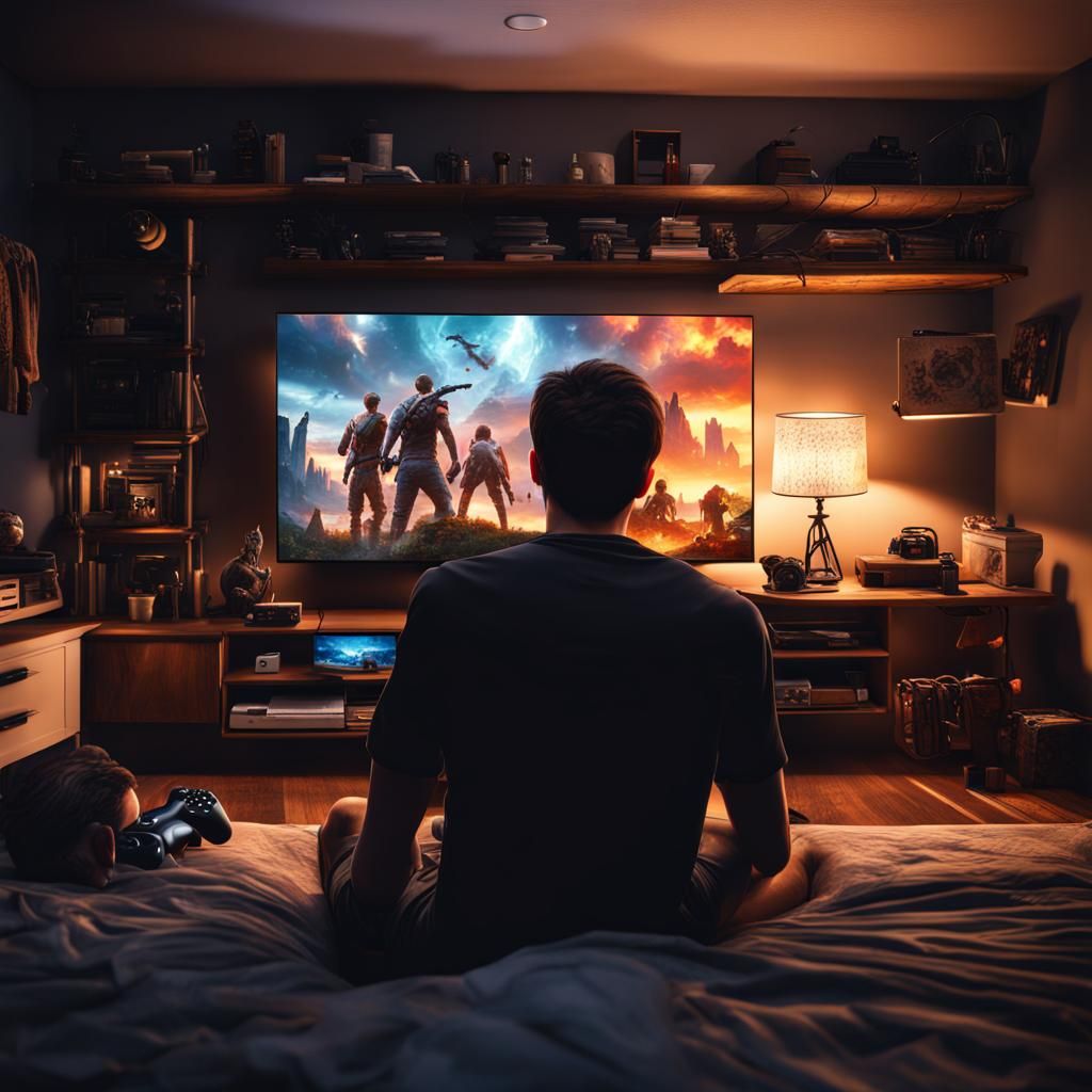 Gamer Bedroom Scene with Friends Playing Video Games