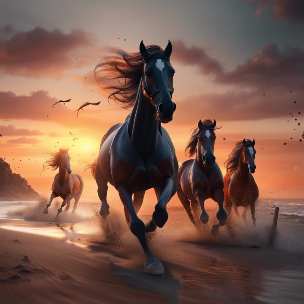 Horses Galloping on Beach at Sunset: Fantasy Art