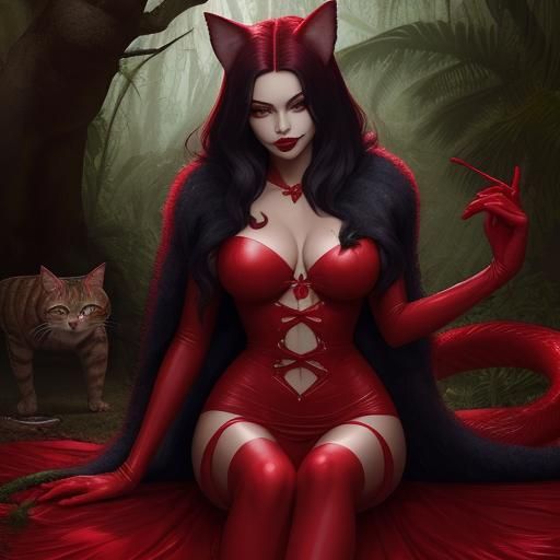 Woman in Red Forest with Animals