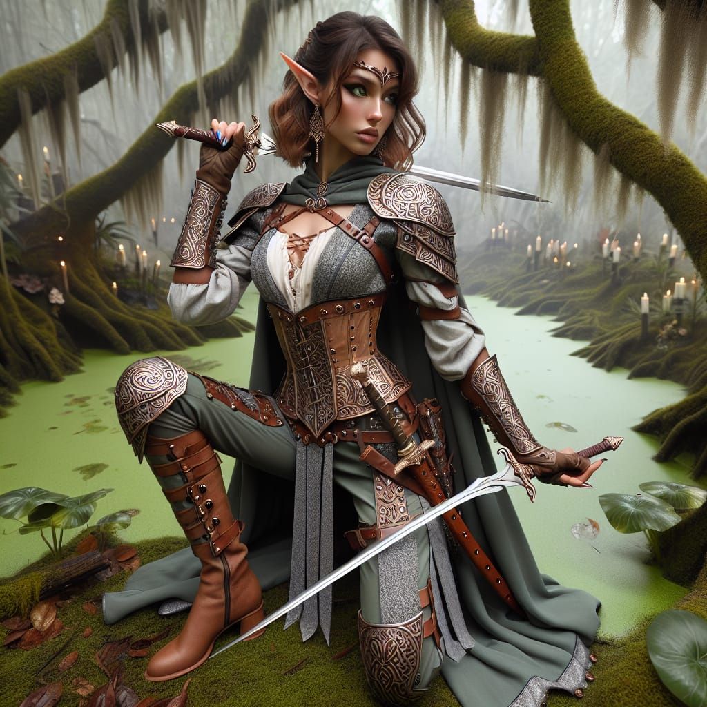 Forest Elf Ready for Battle in Fantasy Swamp