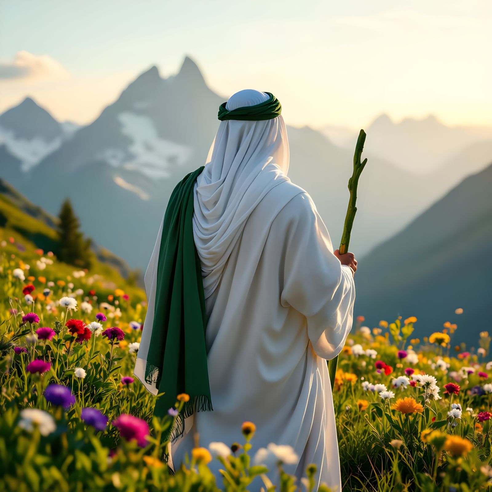 Man in White Robe on Mountain at Sunrise