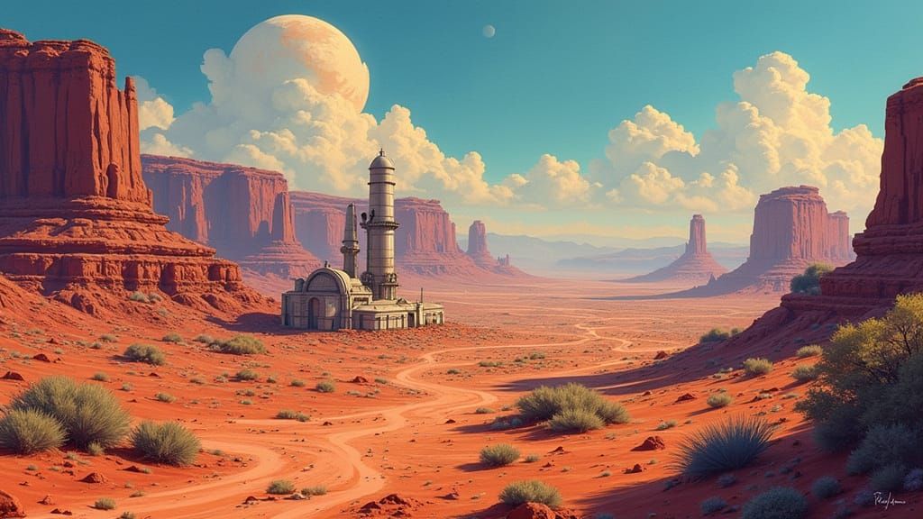 Bright Mars Colony in Gouache and Watercolor Style