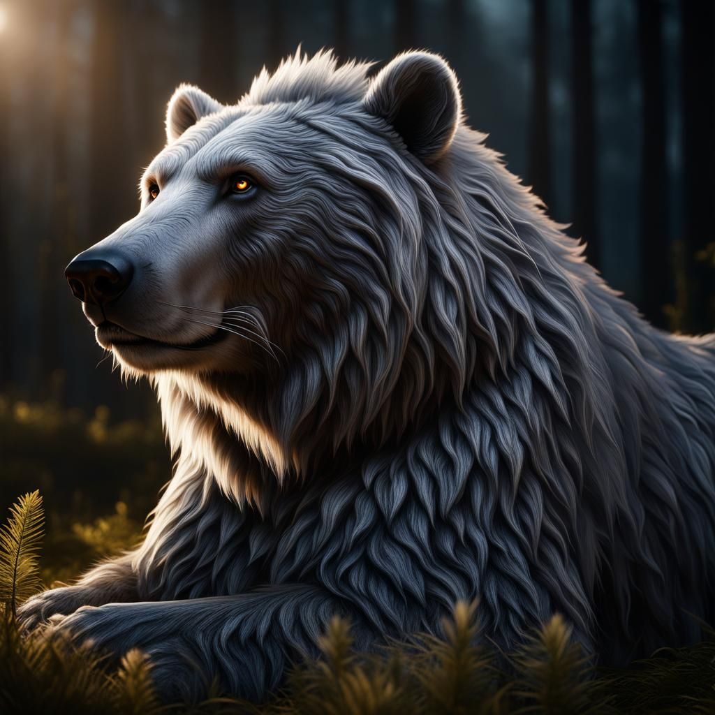 Grizzled Bear with Glowing Eyes and Lion's Mane