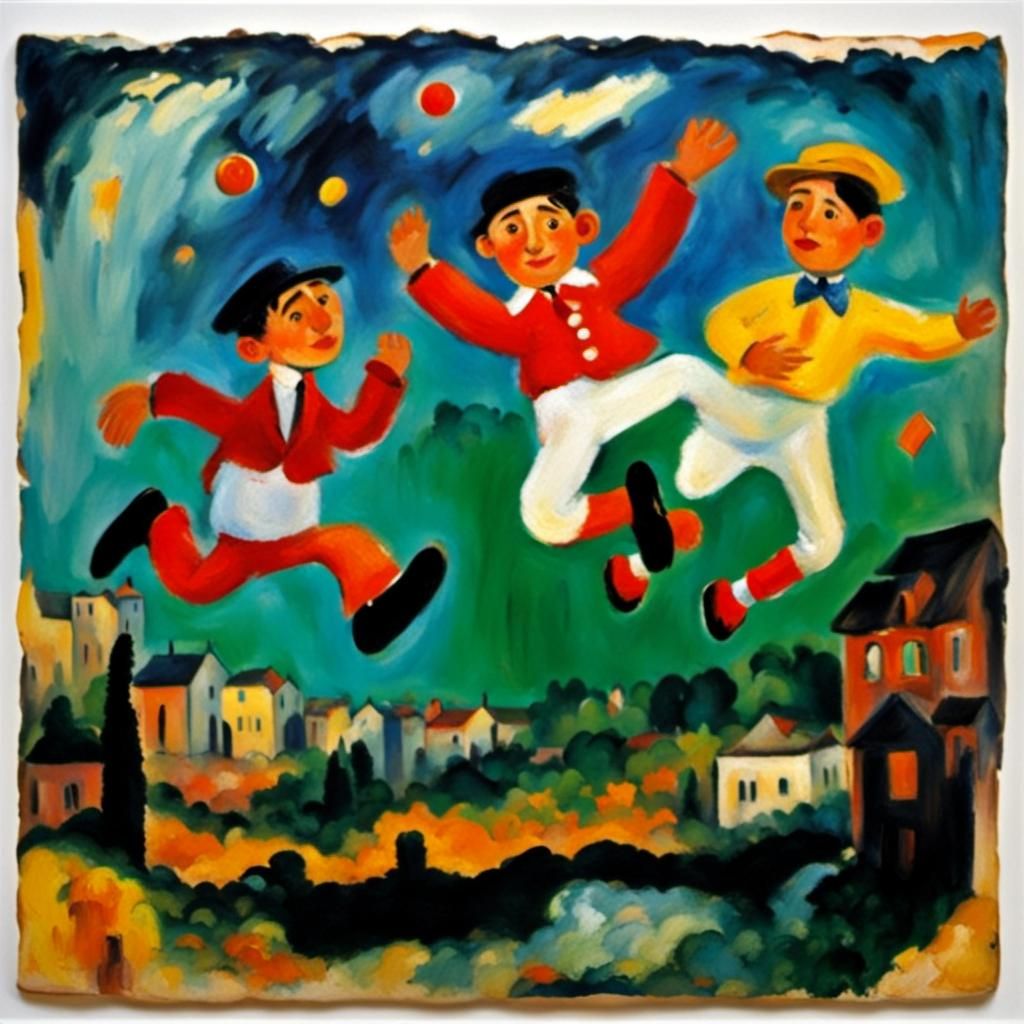 Expressionist Figures Jumping in Celebration