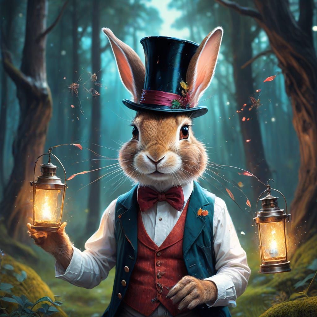 Whimsical Rabbit Magician Enchants a Forest Gathering