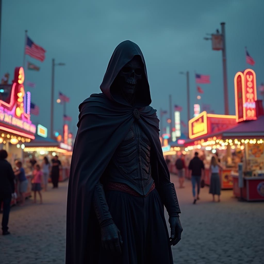 Grim Reaper at Beach Boardwalk in Dark Fantasy Style