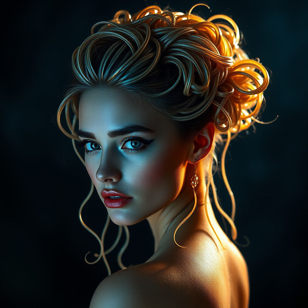 Woman with Noodle Hair in Surreal Cinematic Style