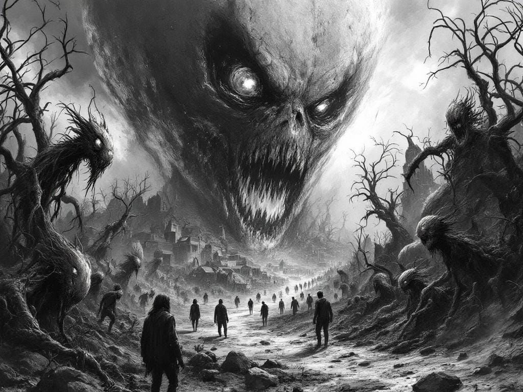 Ravaged Town with Twisted Vegetation in Charcoal Style