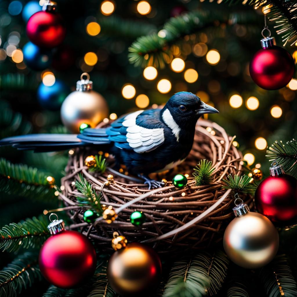 Ornate Christmas Magpie Nest in Hyperrealistic 8K
