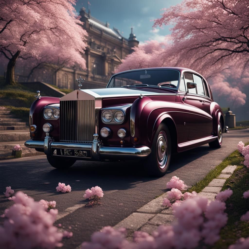 Rolls Royce with Cherry Blossoms, Detailed Matte Painting