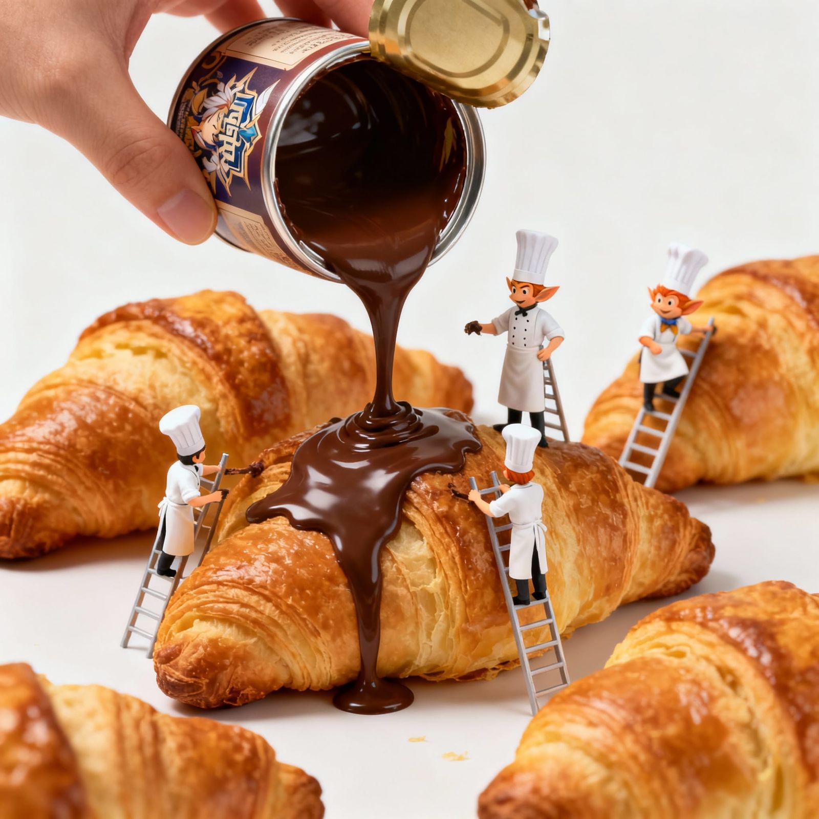 Miniature Chefs Decorating Croissants with Chocolate