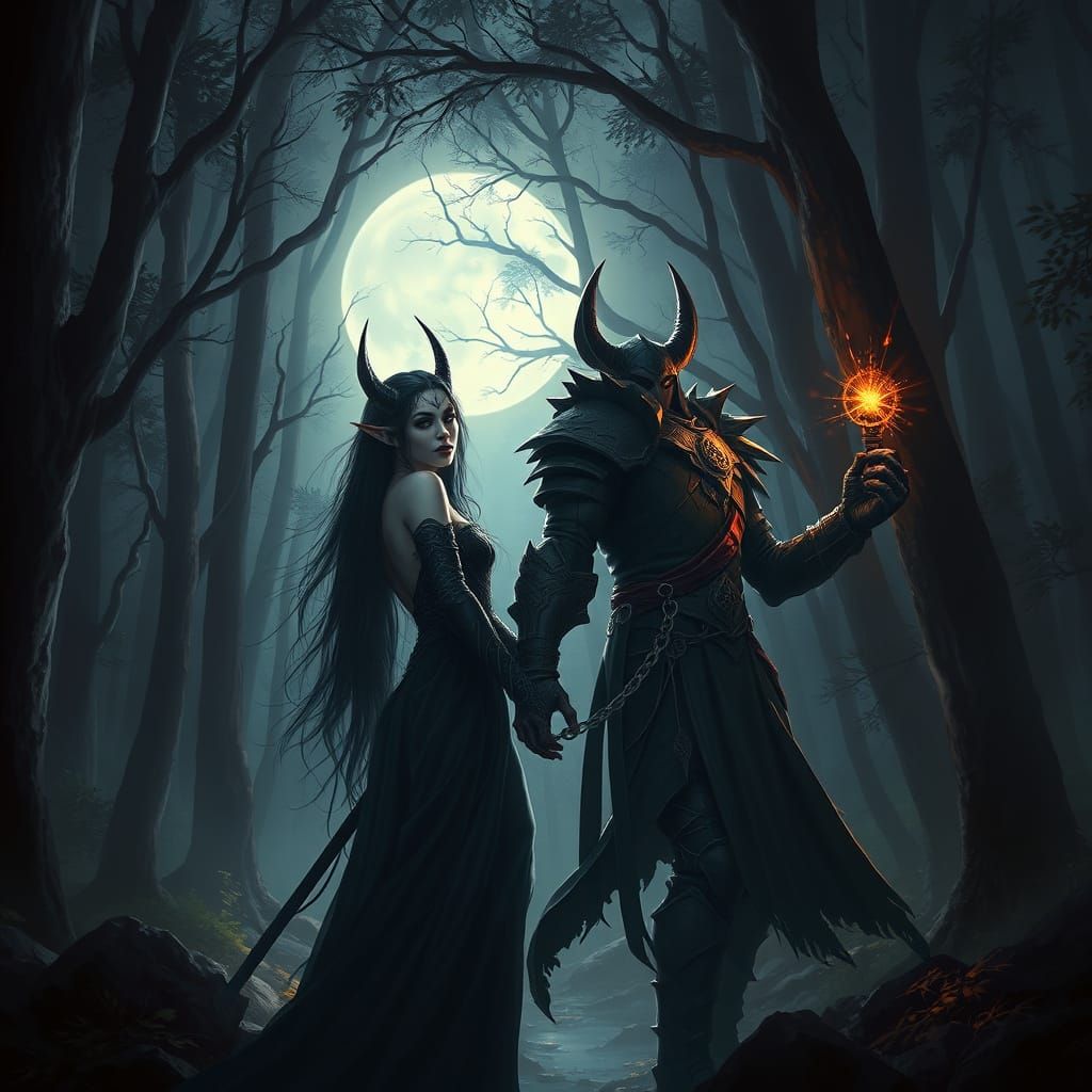 Forbidden Love: Drow Sorceress & Elf Warrior in Moonlit Fore...