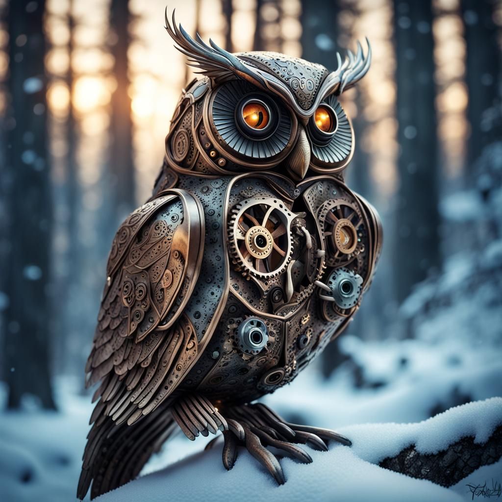 Steampunk Owl in Norway's Northern Lights