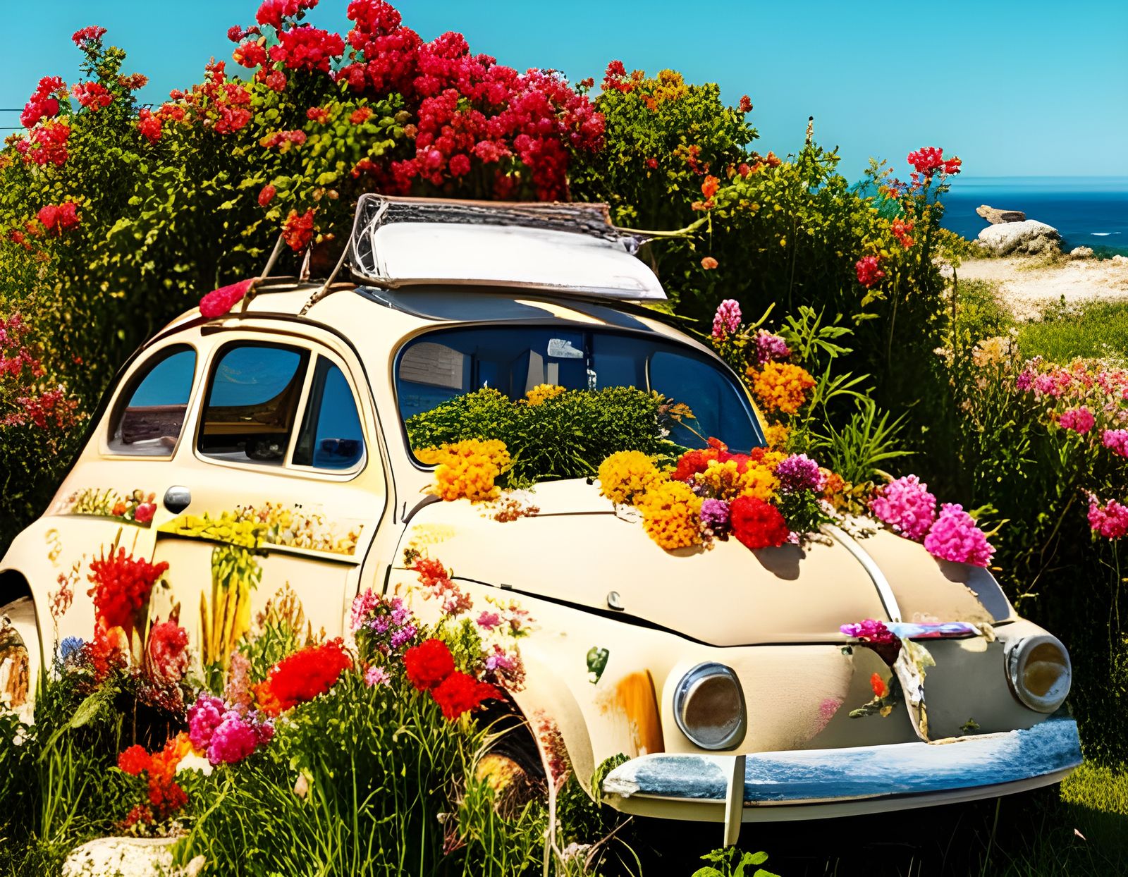 Vintage Fiat 500 Overgrown with Flowers