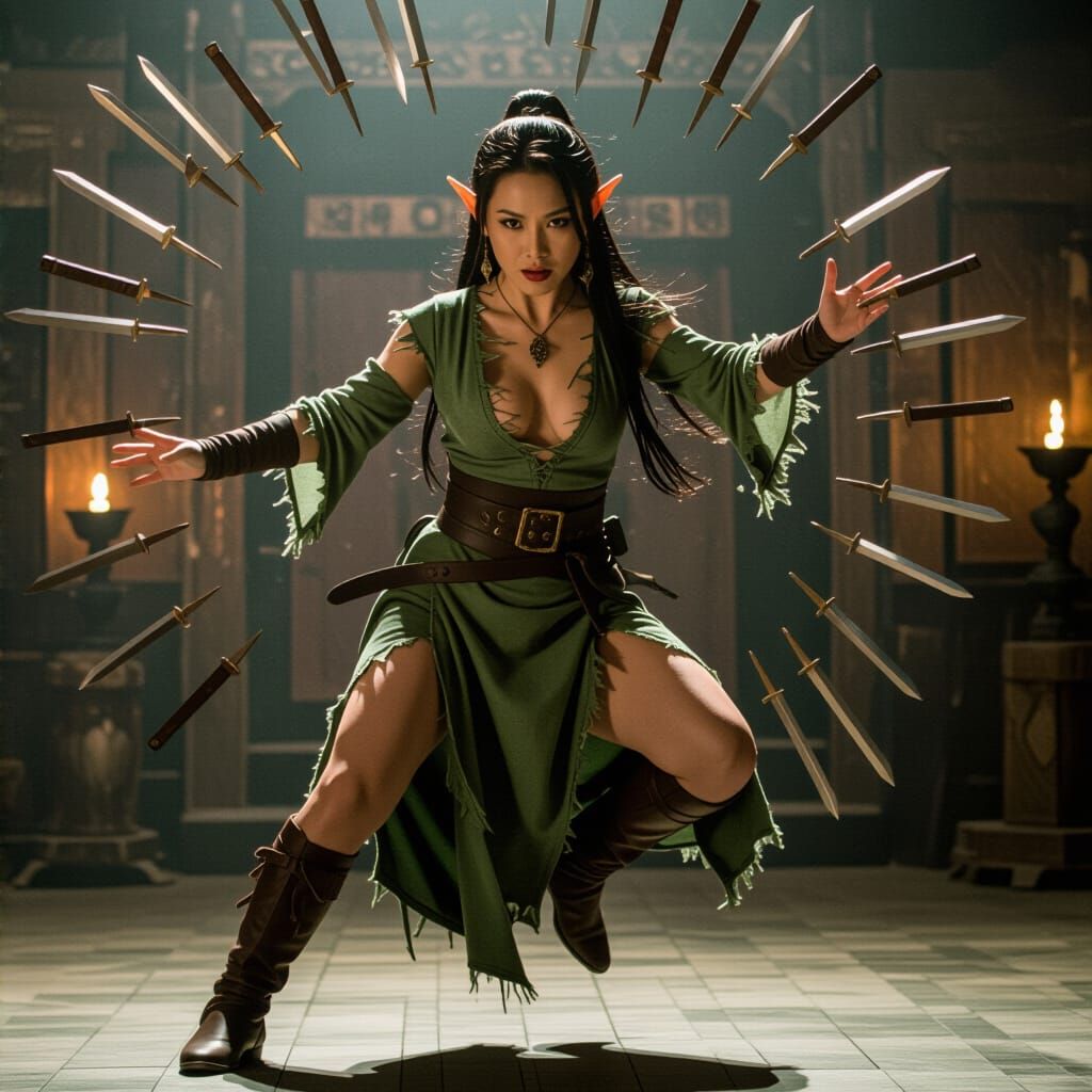 Asian Elf Wizard Casting Cloud of Daggers Spell