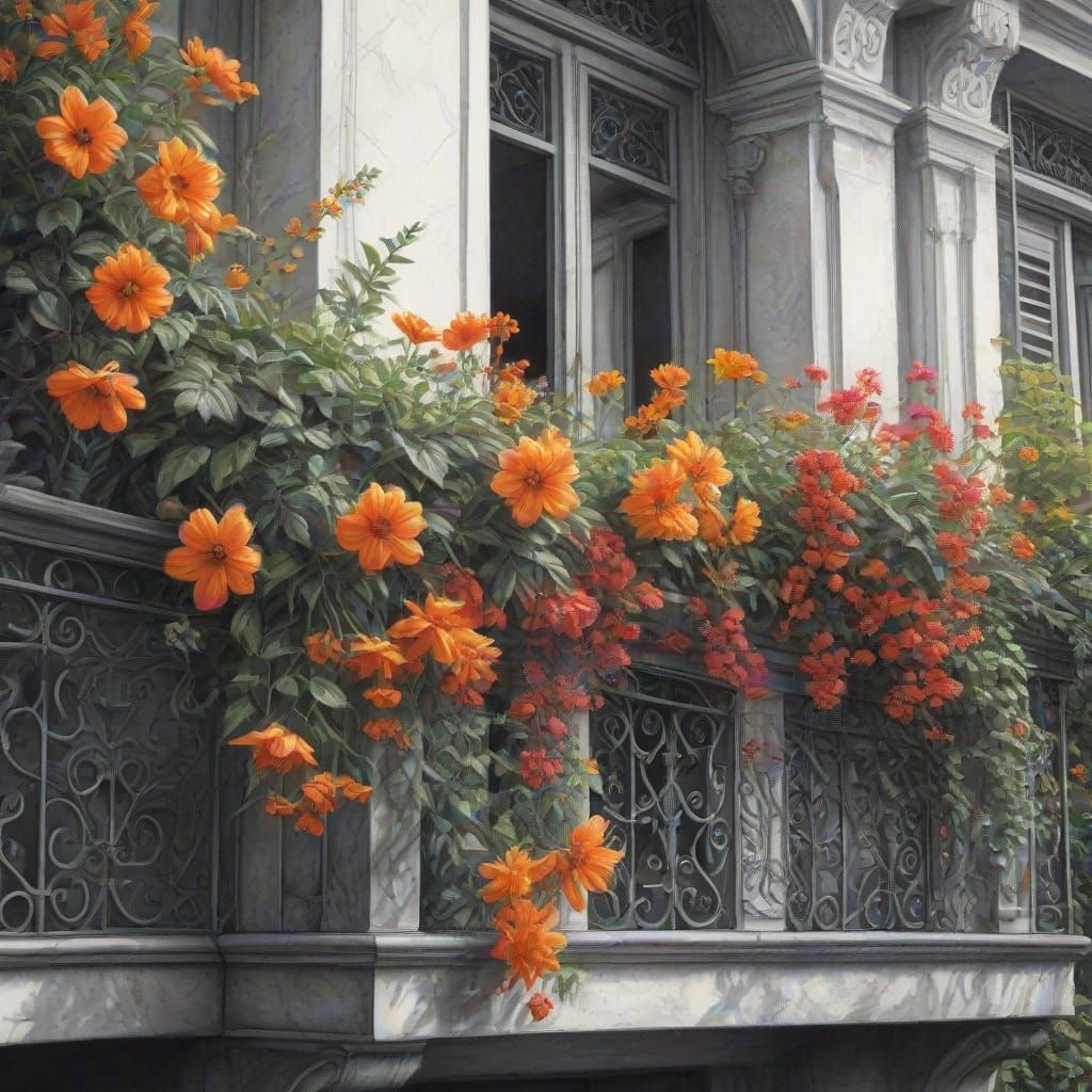Spectacular Flowered Balcony in Charcoal Botanical Style