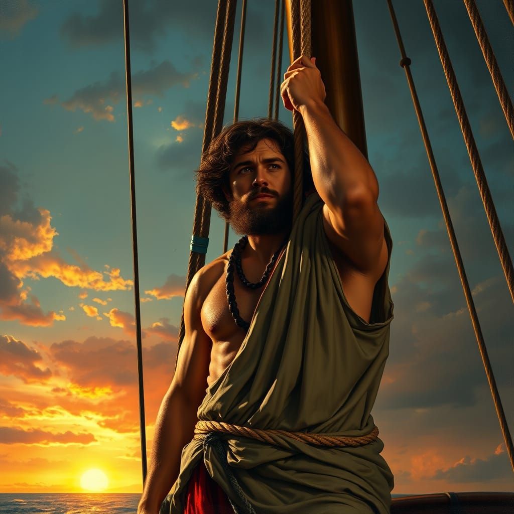 Classical Hero Bound to the Mast in Dramatic Sunset